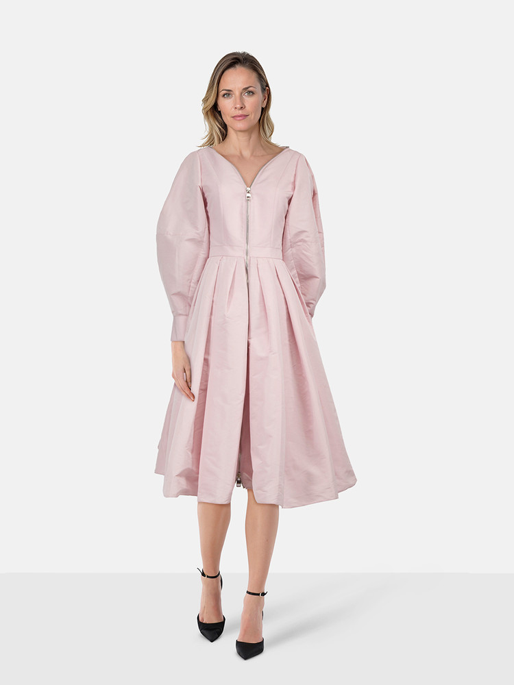 Alexander McQueen Pink Puff-Sleeve Pleated Faille Midi Dress