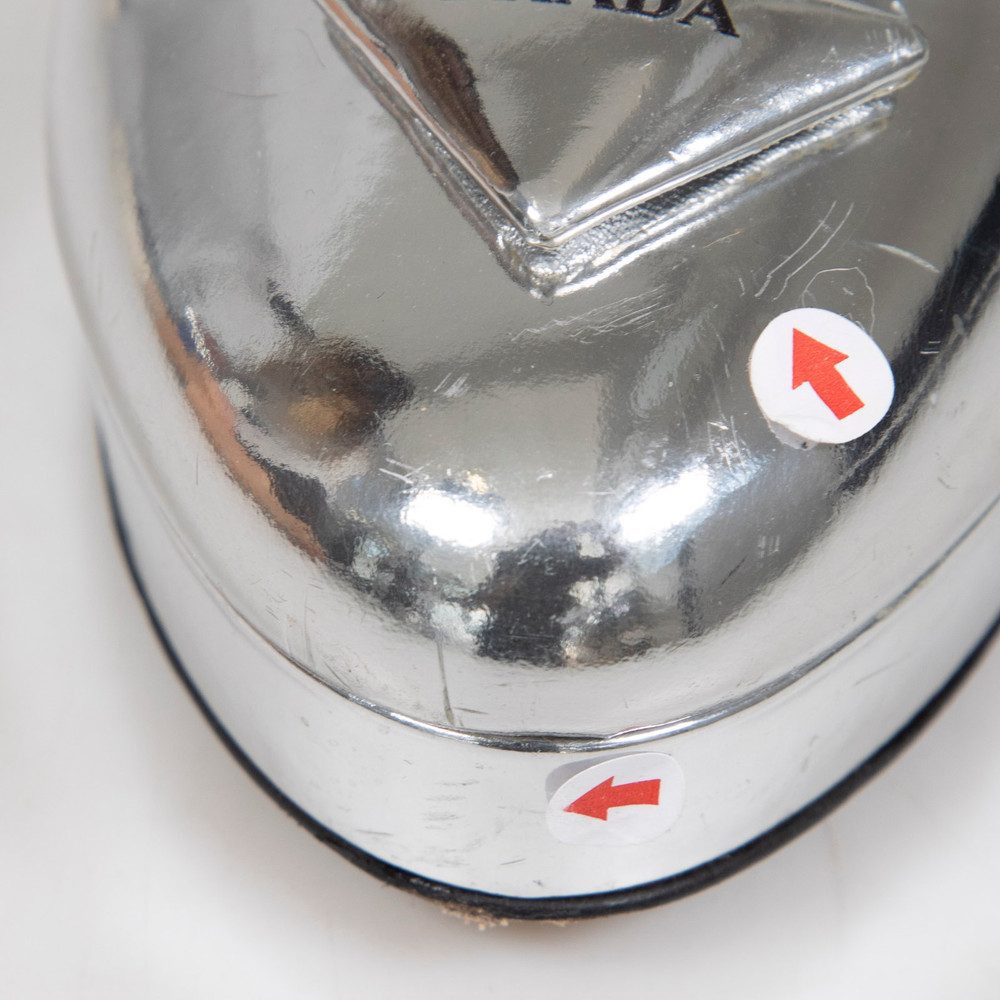 Prada Silver Leather Logo Detail Heels