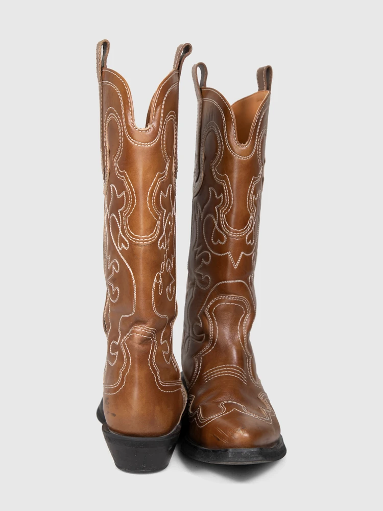 Ganni Brown Leather Embroidered Western Boots