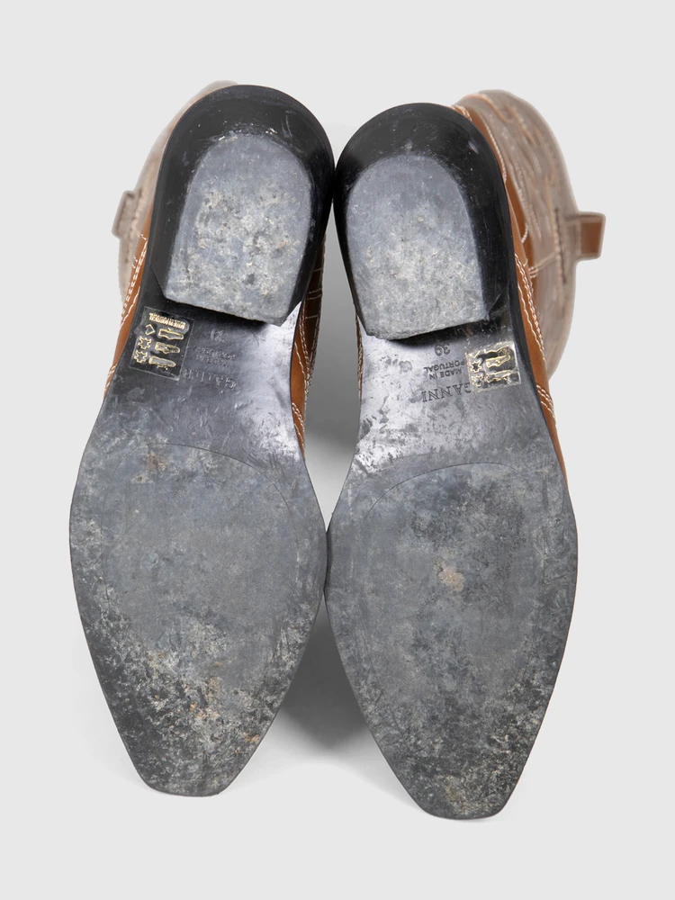 Ganni Brown Leather Embroidered Western Boots