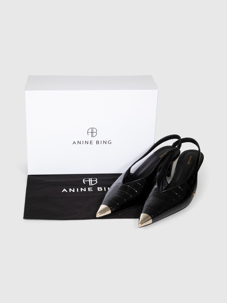 Anine Bing Black Leather Metal Cap Toe Nina Heels