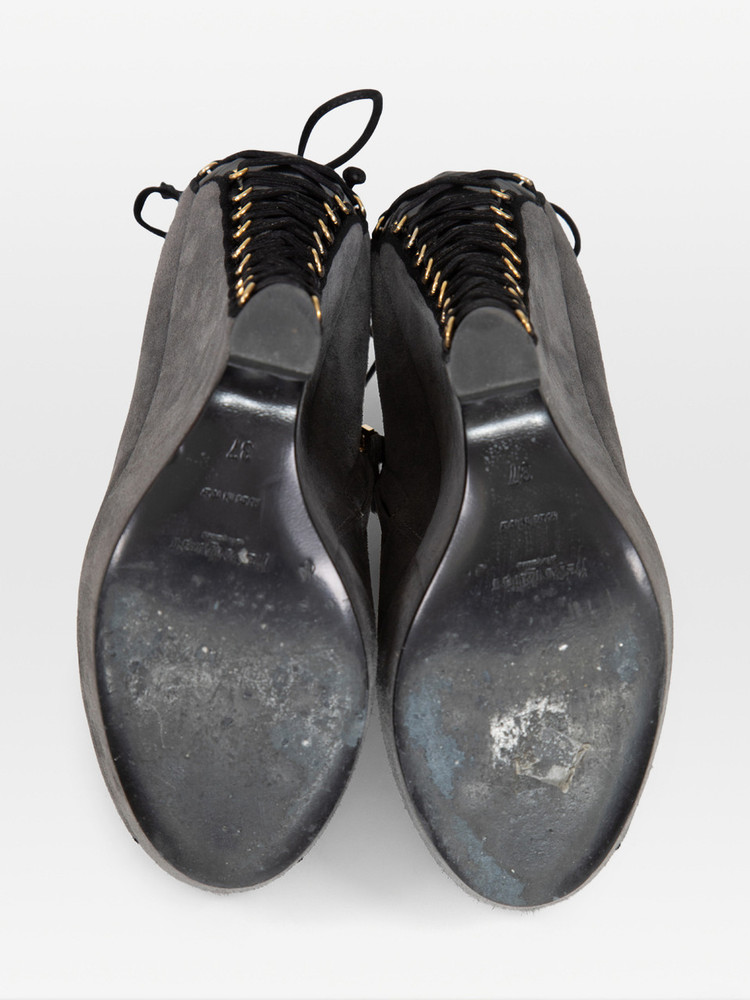 Saint Laurent Grey Suede Peep Toe Lace Up Wedge