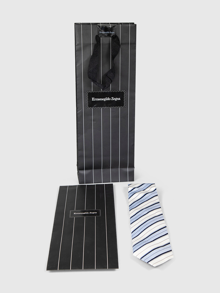Ermenegildo Zegna Blue & White Striped Silk Tie