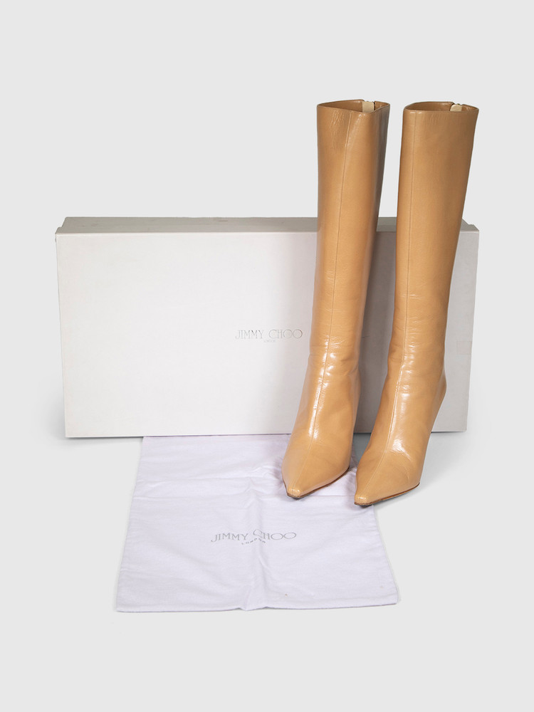 Jimmy Choo Beige Camel Leather Peony Heeled Boots