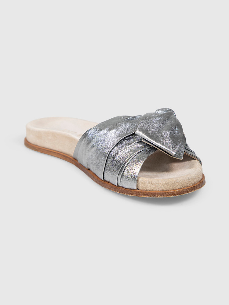 Prada Silver Leather Bow Slides