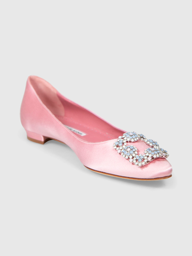 Manolo Blahnik Pink Hangisi Satin Jewel Buckle Flats