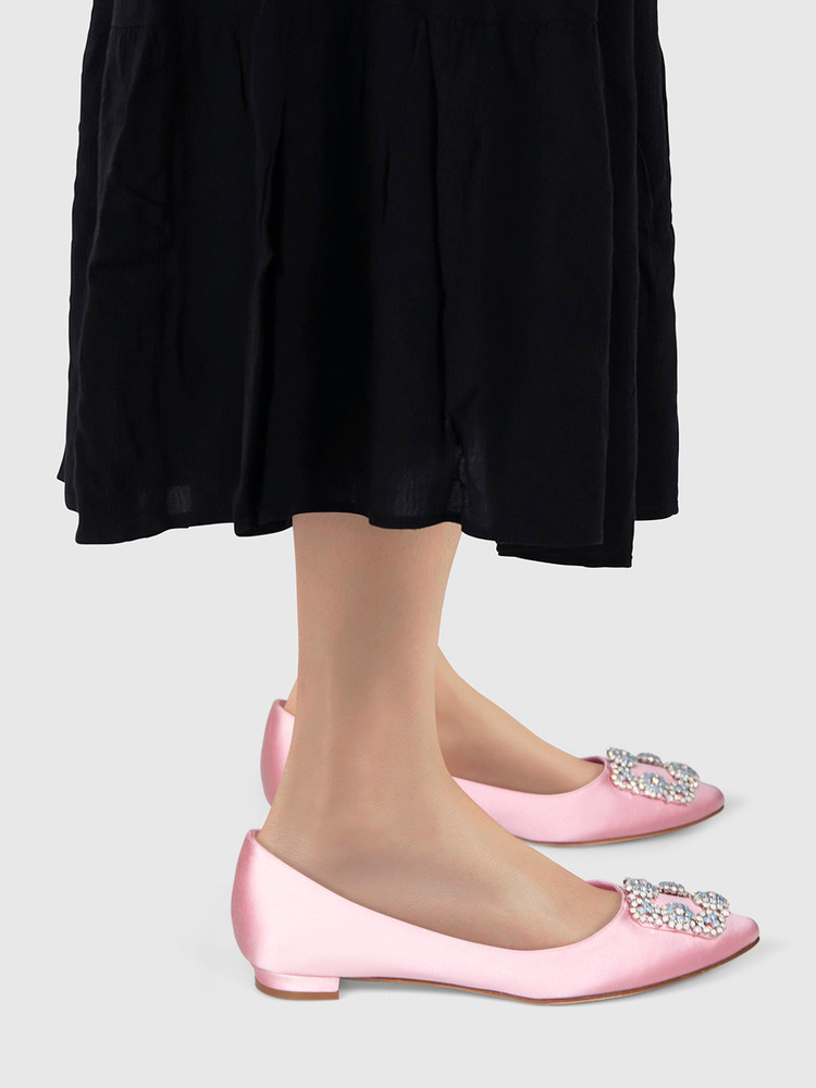 Manolo Blahnik Pink Hangisi Satin Jewel Buckle Flats