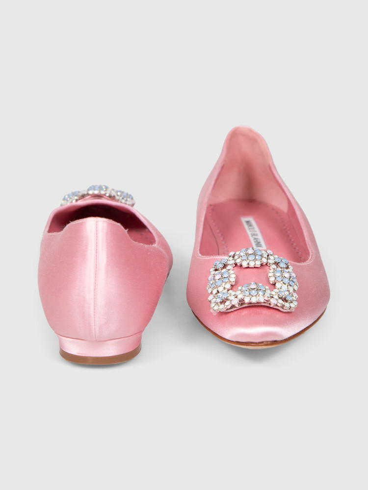 Manolo Blahnik Pink Hangisi Satin Jewel Buckle Flats