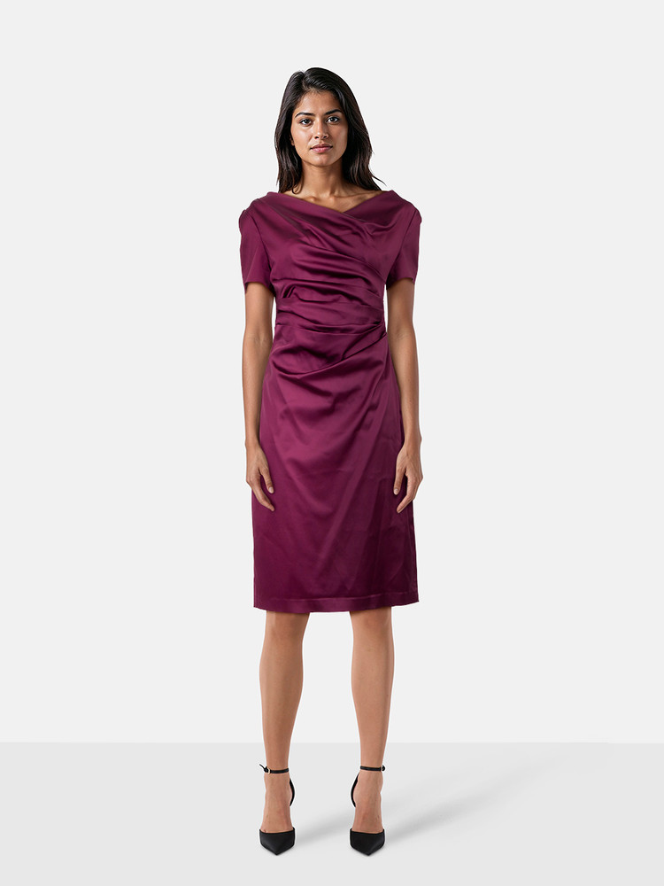 Talbot Runhof Purple Satin Ruched Midi Dress