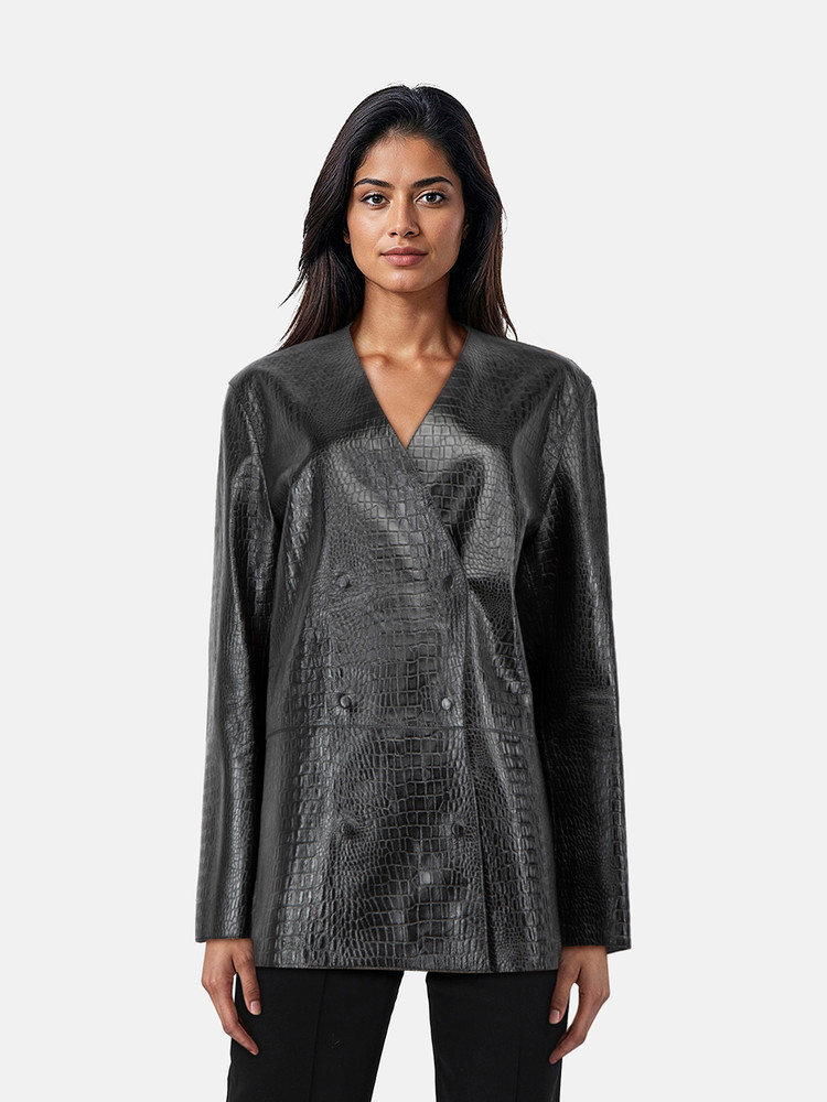 Totême Black Croco Embossed Leather Blazer