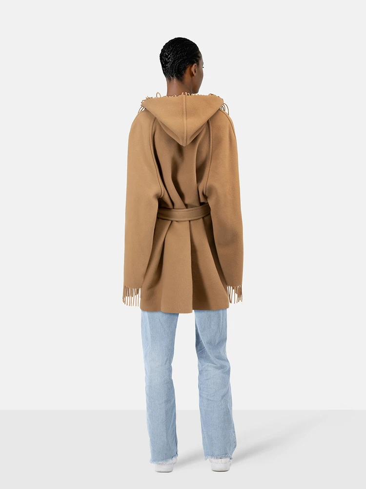 Balenciaga Brown Wool Fringed Hooded Jacket