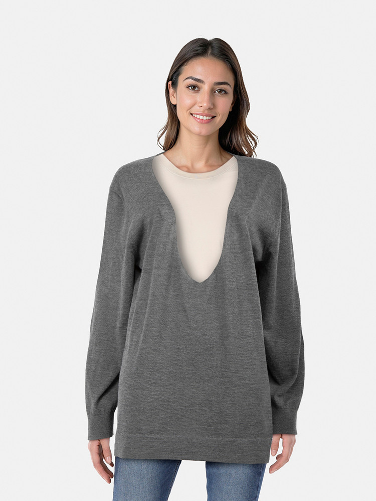 The Row Grey Cashmere Long Sleeve V-Neck Top