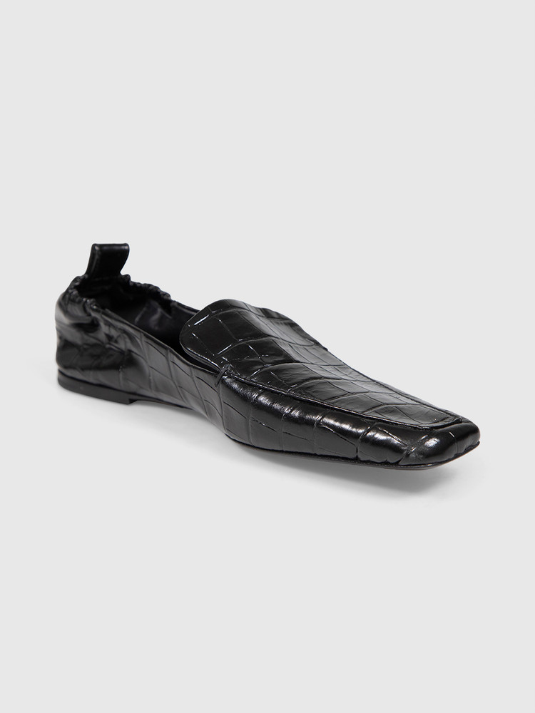 Totême Black Leather Croc Embossed Loafers