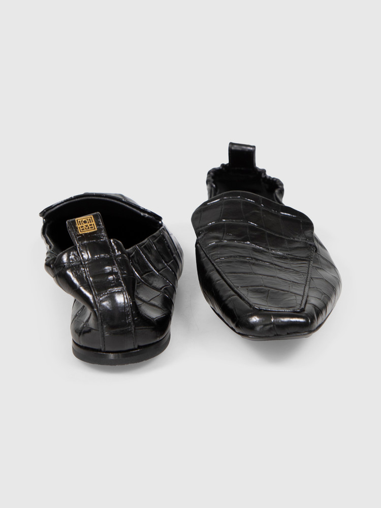 Totême Black Leather Croc Embossed Loafers