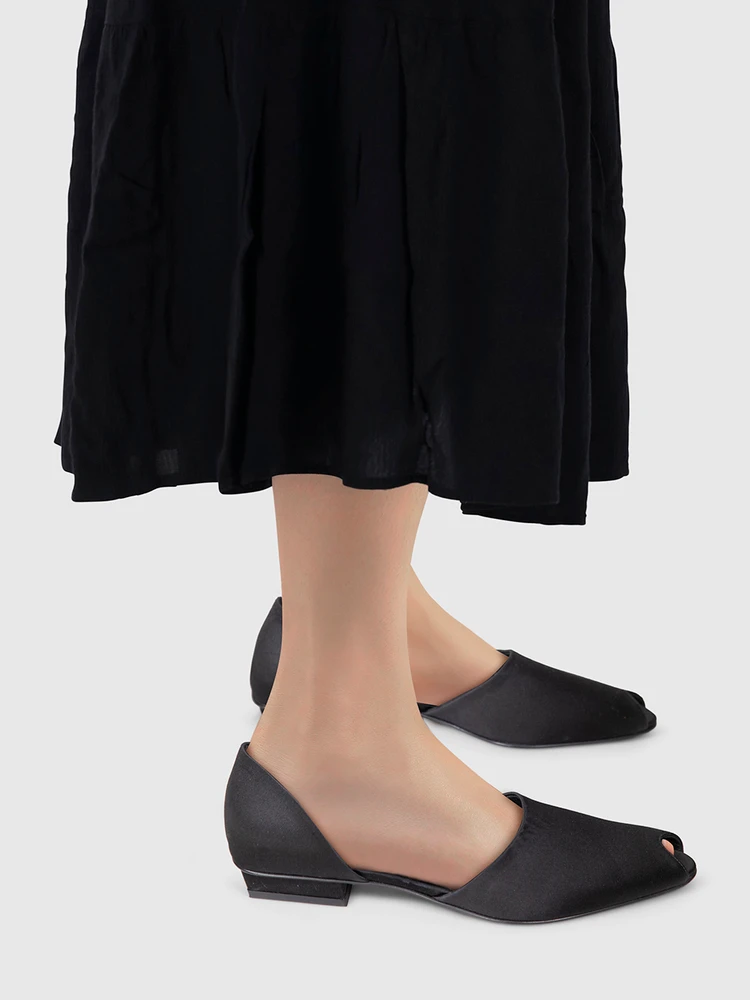 Totême Black Satin Peep Toe Flats