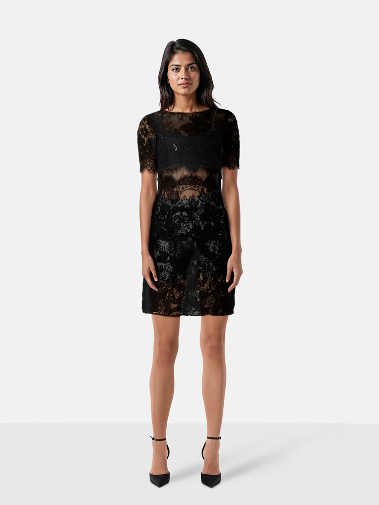 Marchesa Notte Black Lace Sequinned Mini Dress