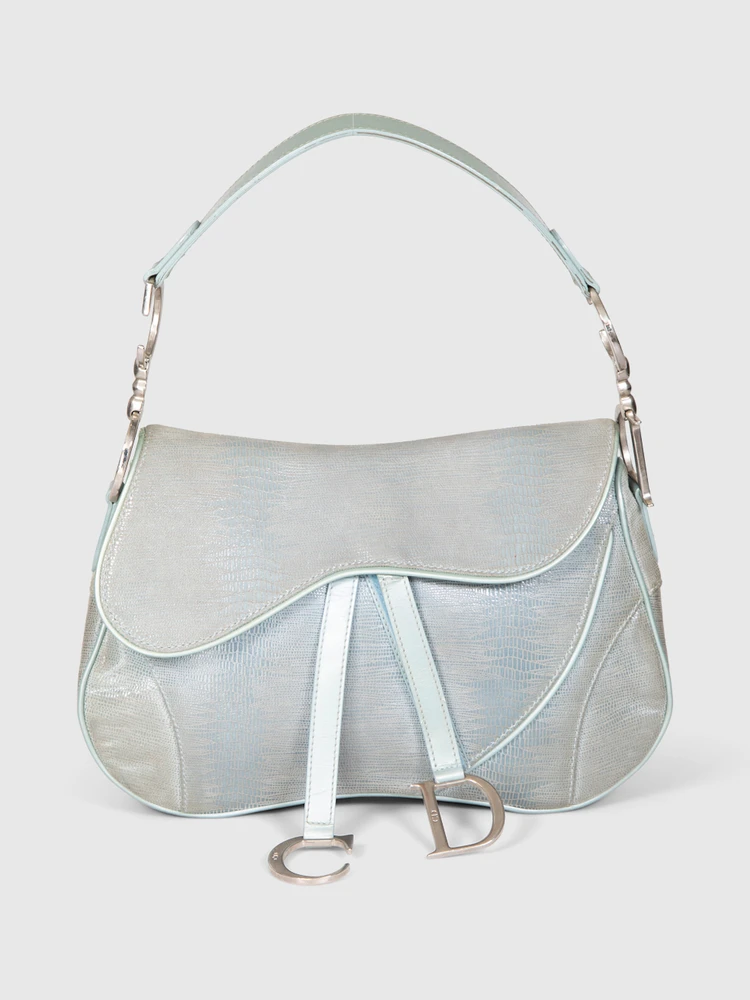 Dior Vintage Duck Egg Blue Lizard Emboss Double Saddle
