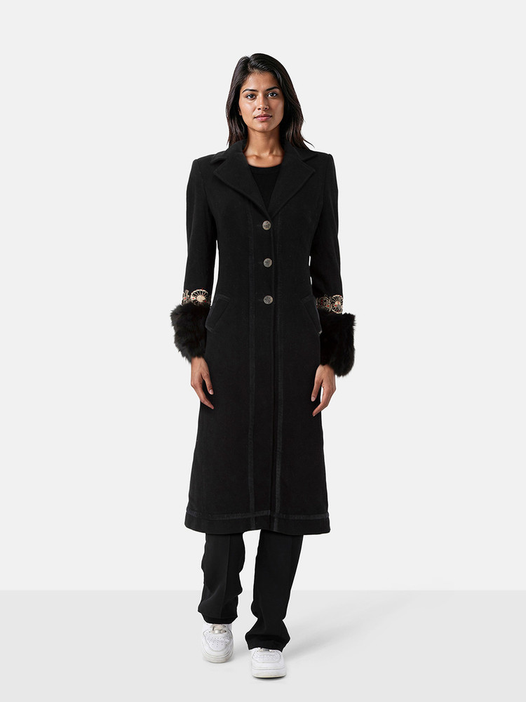 John Galliano Black Wool Fox Fur Cuff Long Coat