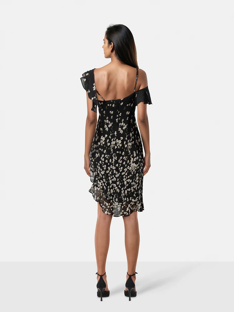 Reformation Black Floral Ruffle Dress
