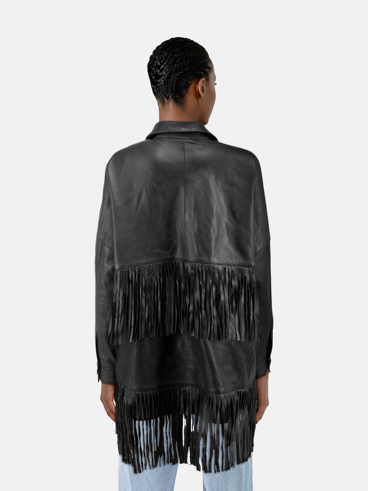 Barneys Originals Black Leather Fringed Jacket