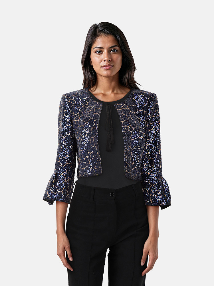 Paule Ka Navy Sequin Cropped Jacket