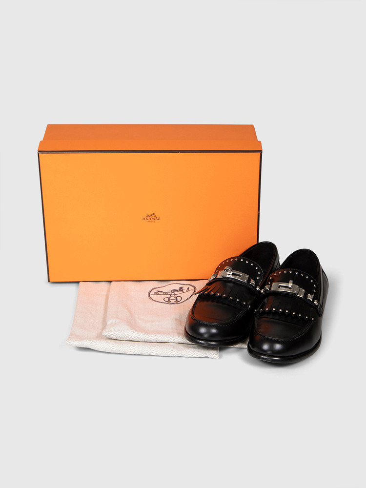Hermès Black Leather Fringed Destin Loafers