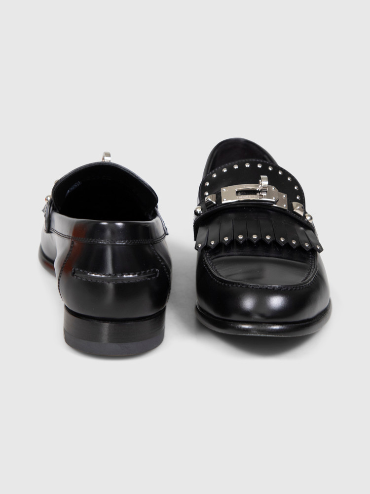 Hermès Black Leather Fringed Destin Loafers