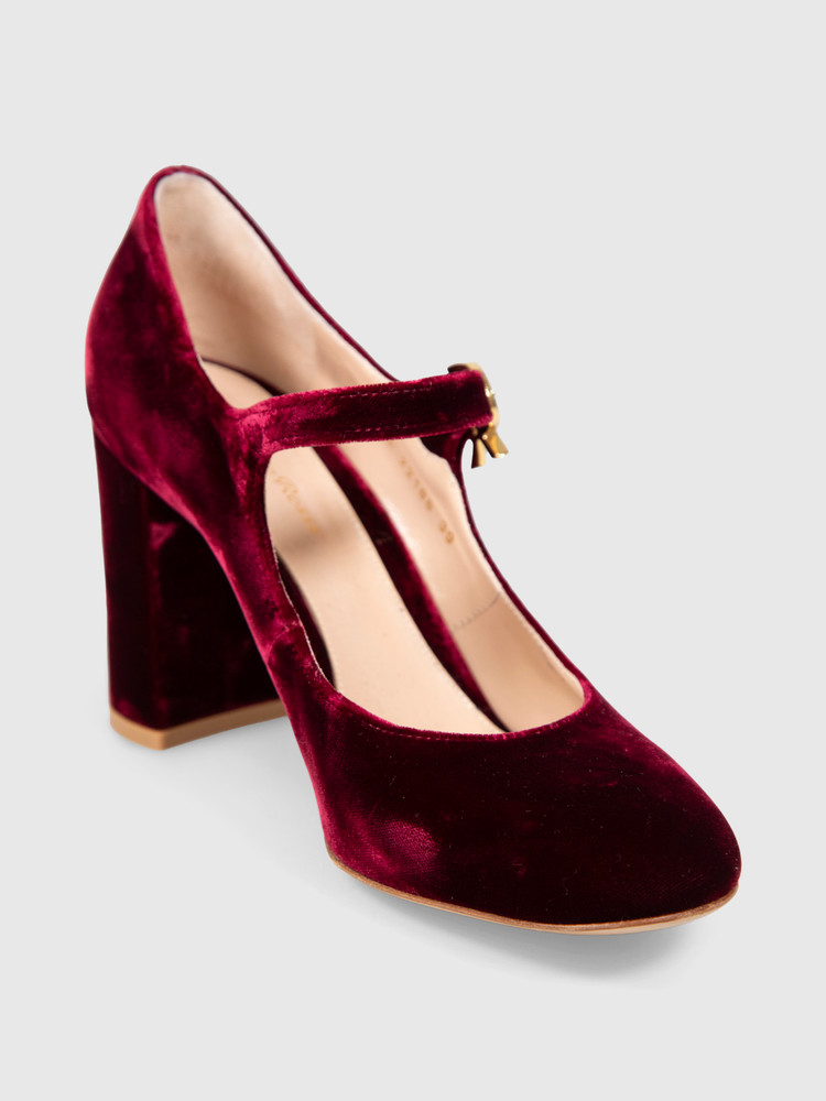 Gianvito Rossi Burgundy Velvet Mary Jane Pumps