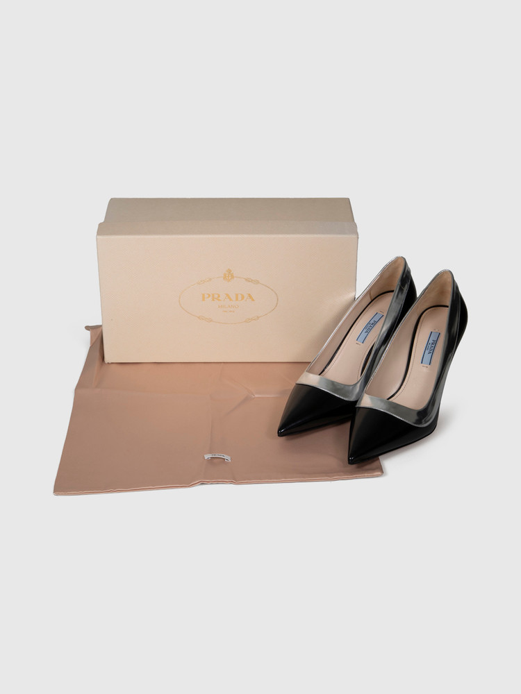 Prada Black & Silver Patent Leather Pumps