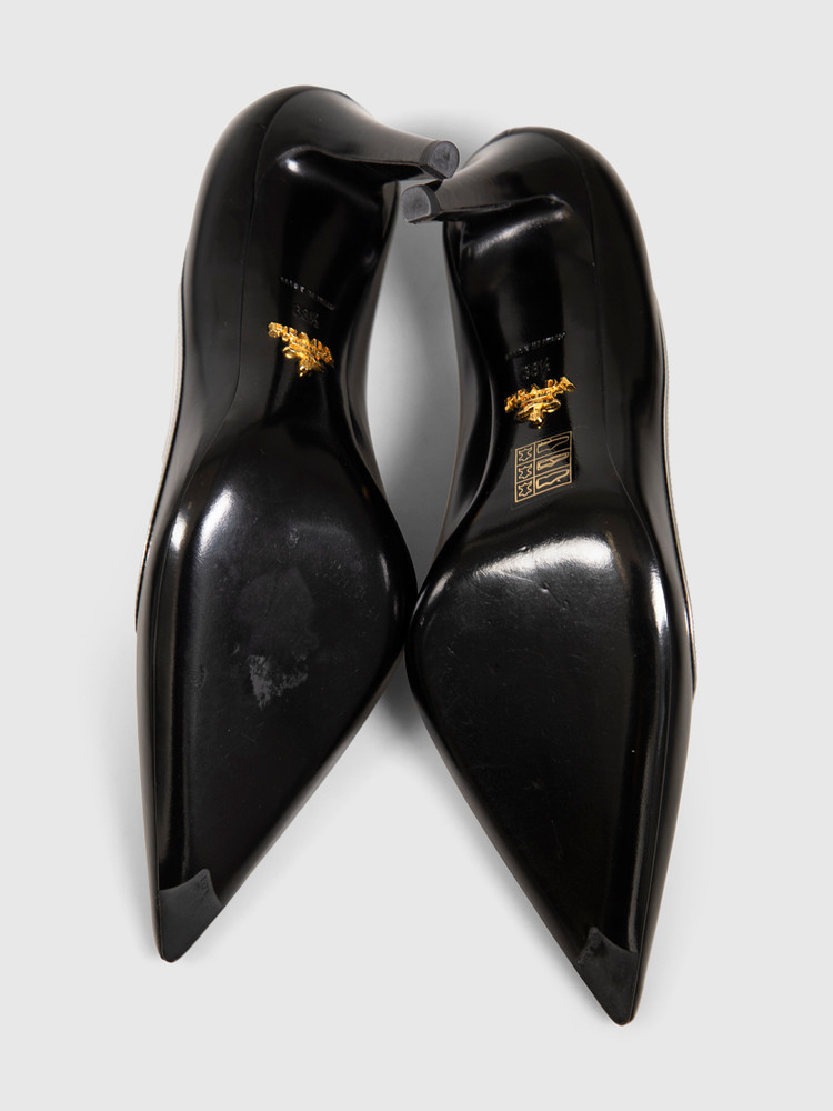 Prada Black & Silver Patent Leather Pumps