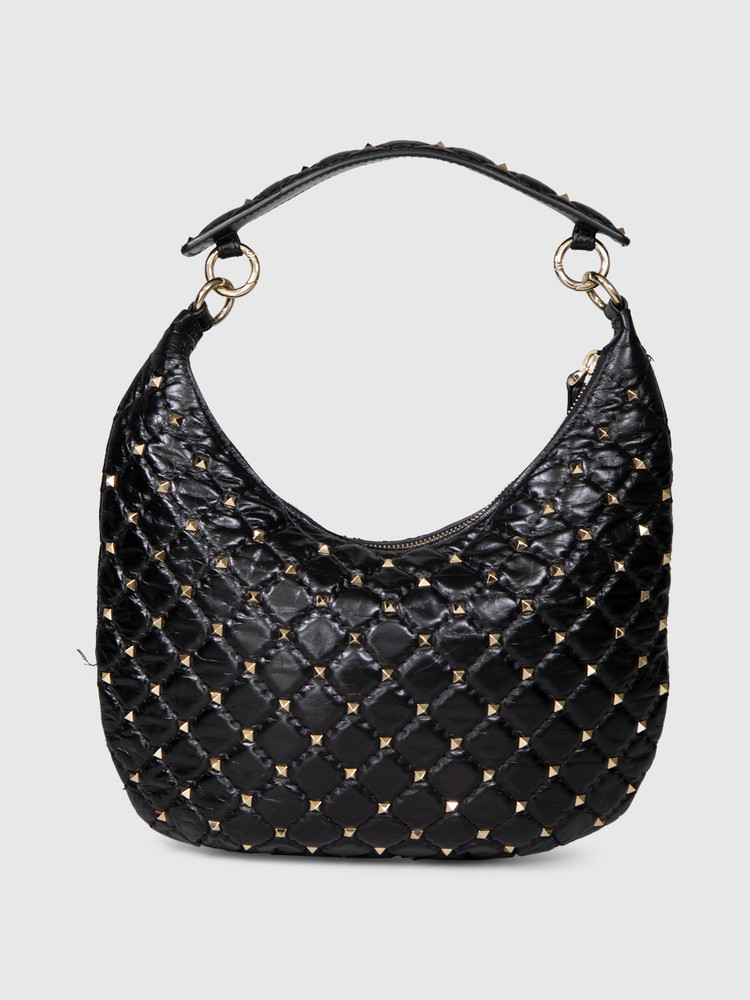 Valentino Garavani Black Leather Small Rockstud Spike Hobo Bag