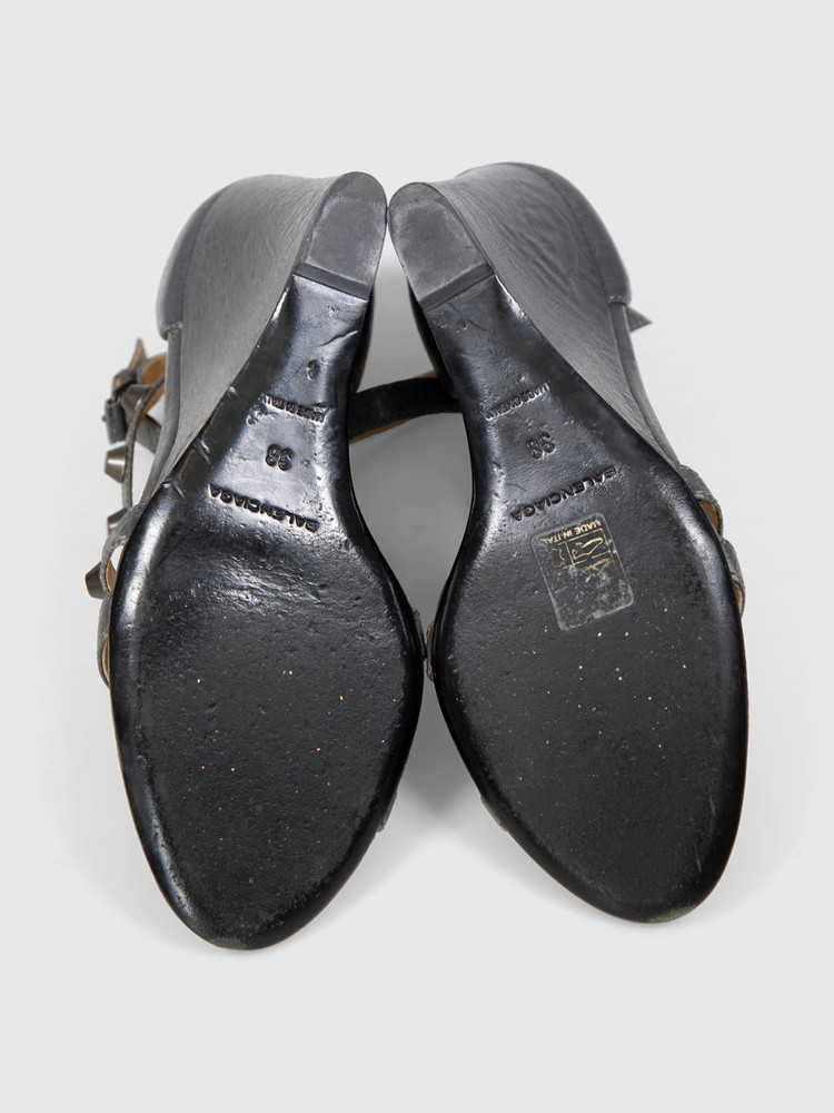 Second Hand Balenciaga Grey Leather Studded Wedge Sandals