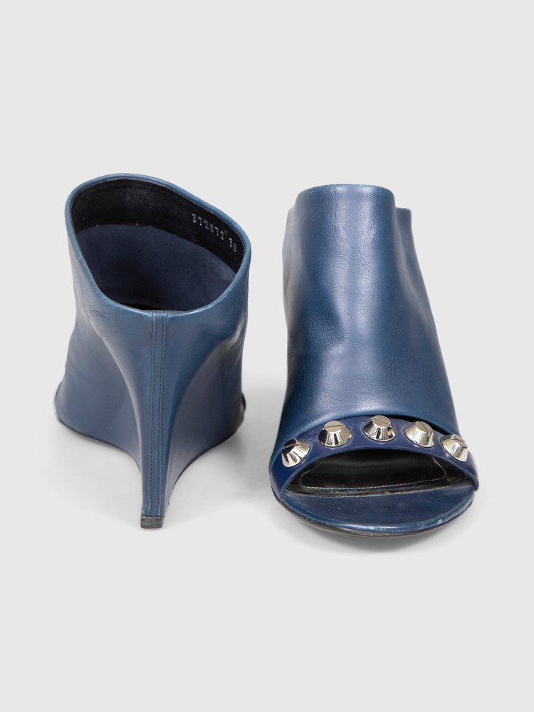 Second Hand Balenciaga Navy Studded Leather Wedges