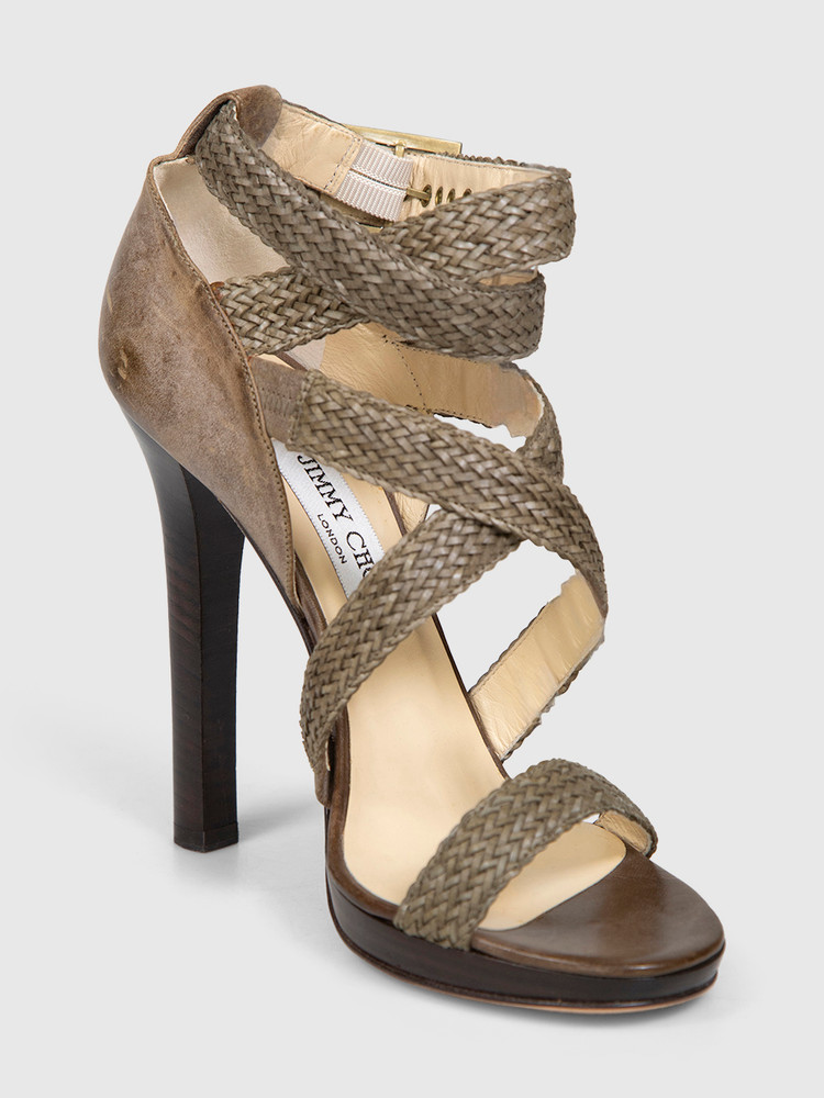 Jimmy Choo Brown Woven Leather Heeled Sandals