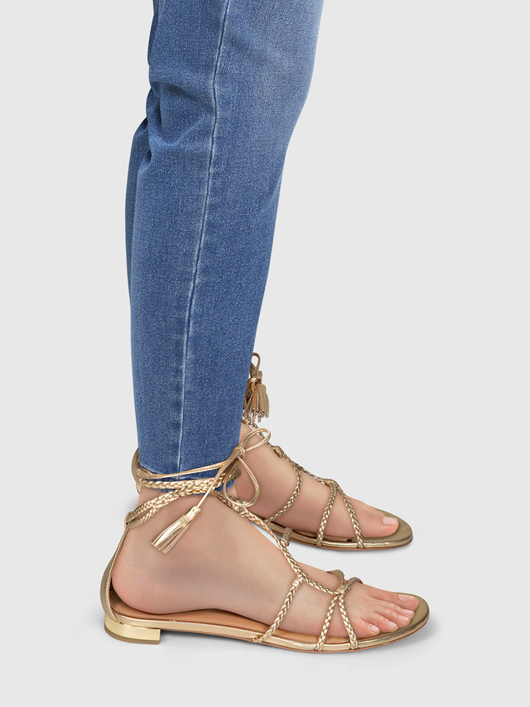 Aquazzura Gold Leather Tie Sandals
