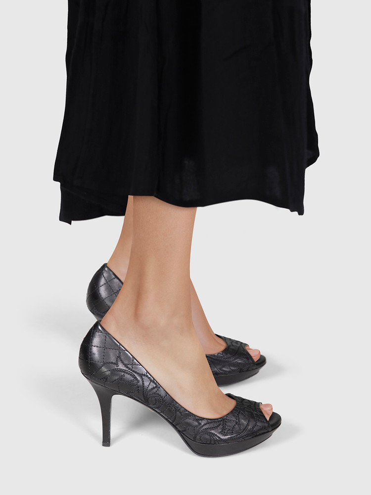 Versace Black Leather Embroidered Heels