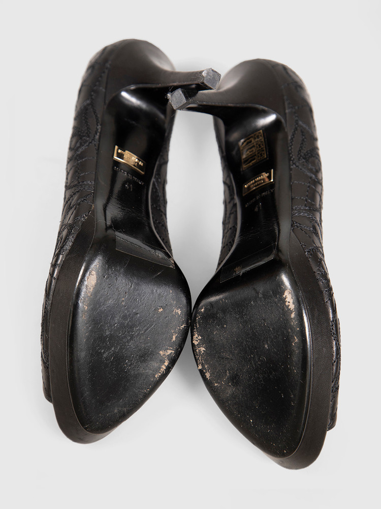 Versace Black Leather Embroidered Heels