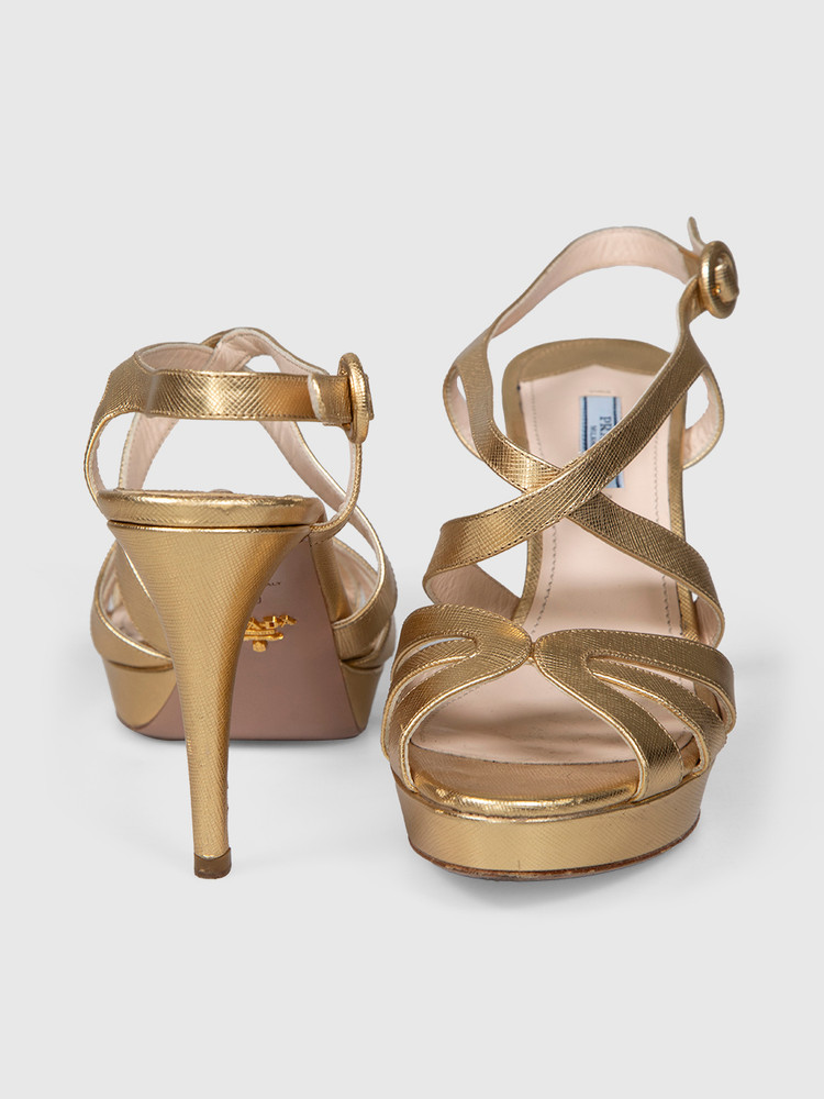Prada Gold Saffiano Leather Heeled Sandals