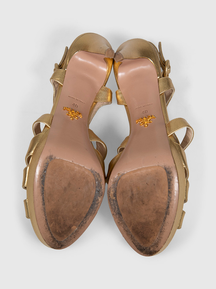 Prada Gold Saffiano Leather Heeled Sandals