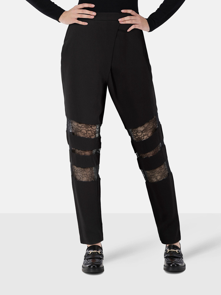 Maje Black Sheer Lace Panel Trousers