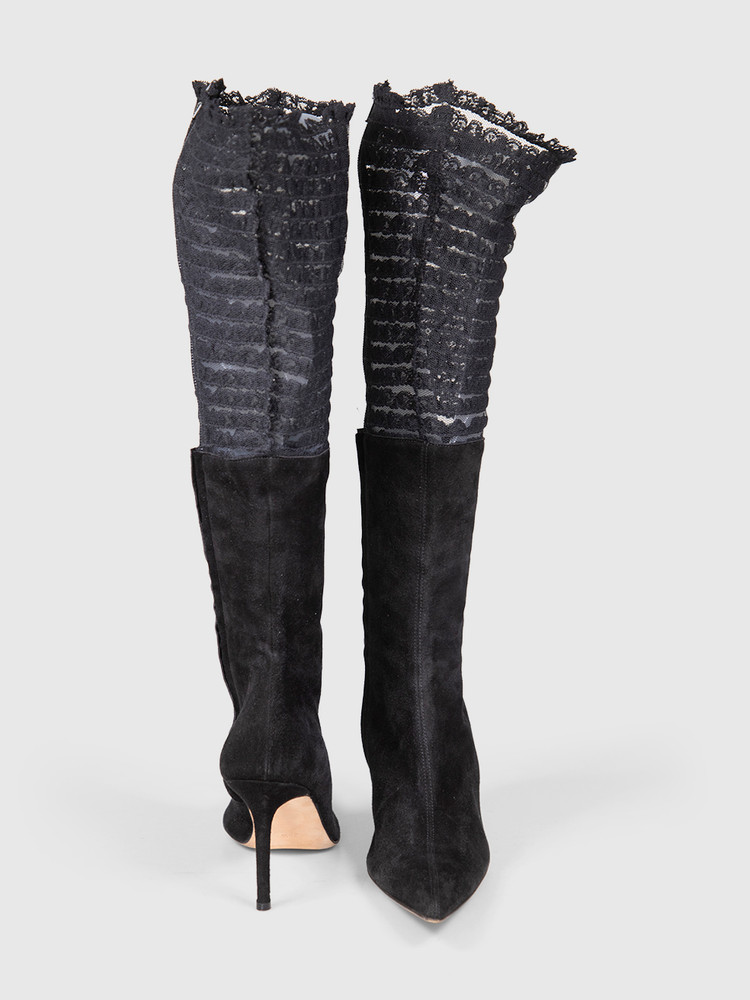 John Galliano Black Suede Lace Trim Boots