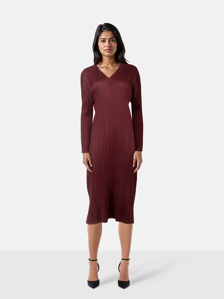 Issey Miyake Pleats Please Bordeaux V-Neck Dress