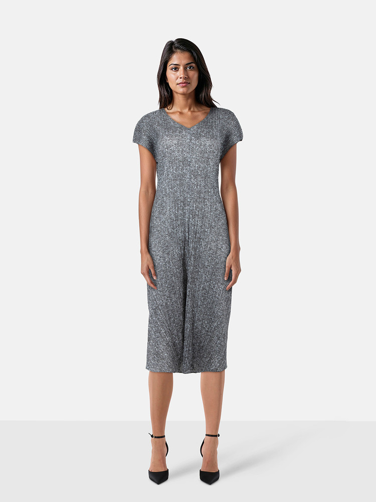 Issey Miyake Pleats Please Grey V-Neck Dress