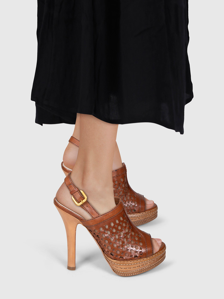 Prada Brown Leather Laser Cut Sandals