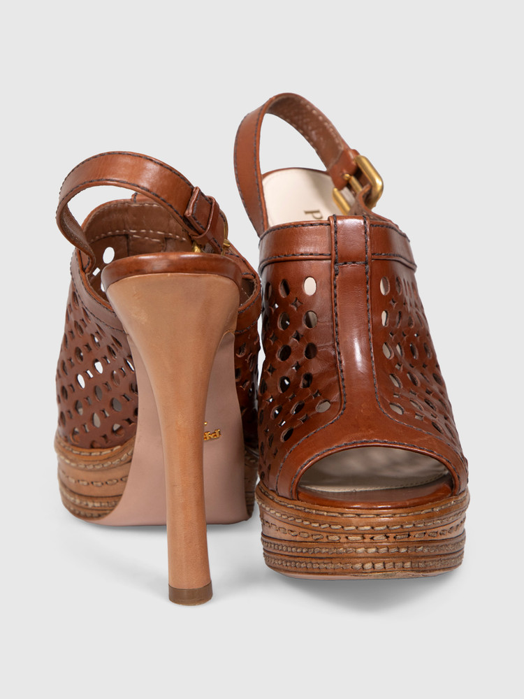 Prada Brown Leather Laser Cut Sandals