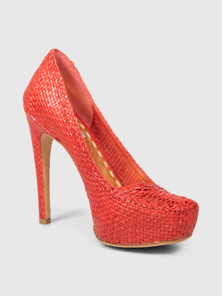 Prada Red Leather Woven Platform Pumps