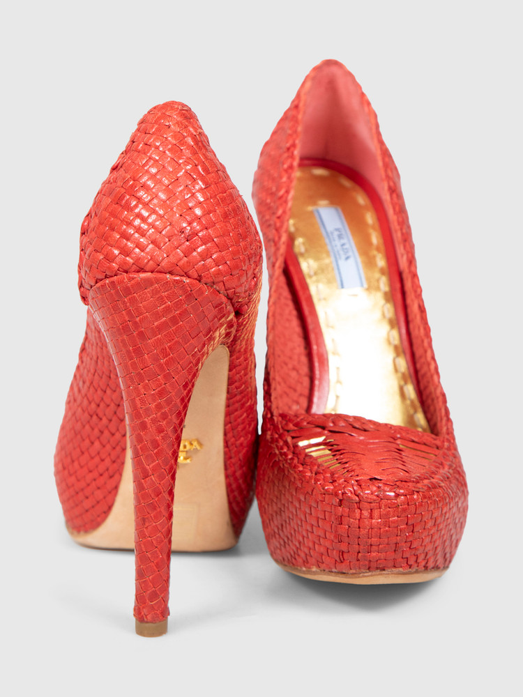 Prada Red Leather Woven Platform Pumps