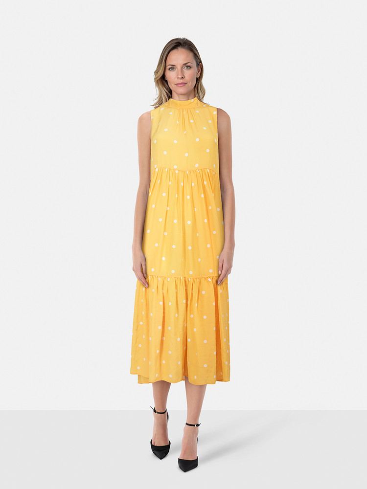 Asceno Yellow Polkadot Long Neck Tie Dress