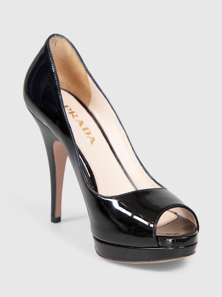 Prada Black Patent Leather Peep Toe Heels