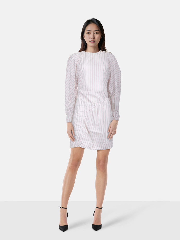 Ganni White & Pink Stripe Balloon Sleeve Dress